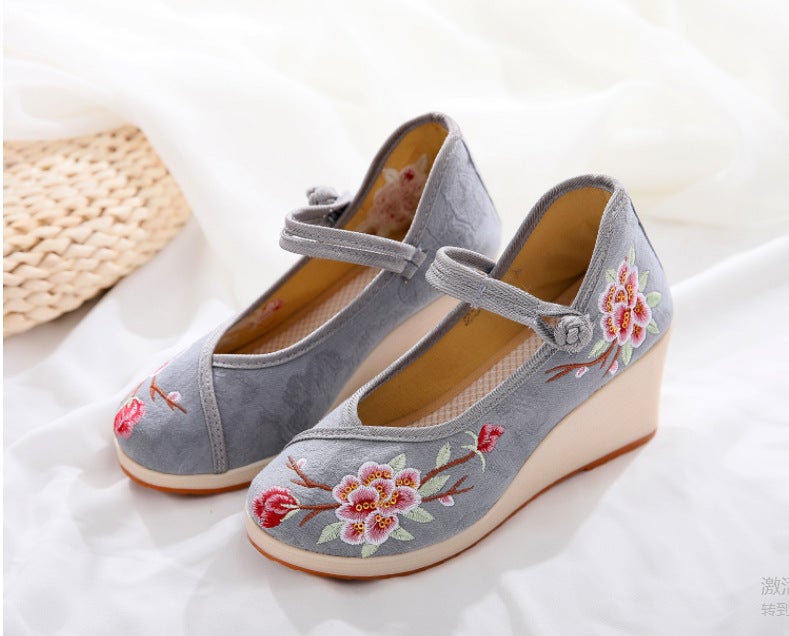 Shilixiang Full Court Fragrance Plain Brocade Antique Shoes Hanfu Ethnic Embroidered Shoes Jacquard Cotton High-Heeled Comfortable Cloth Shoes - Image 1
