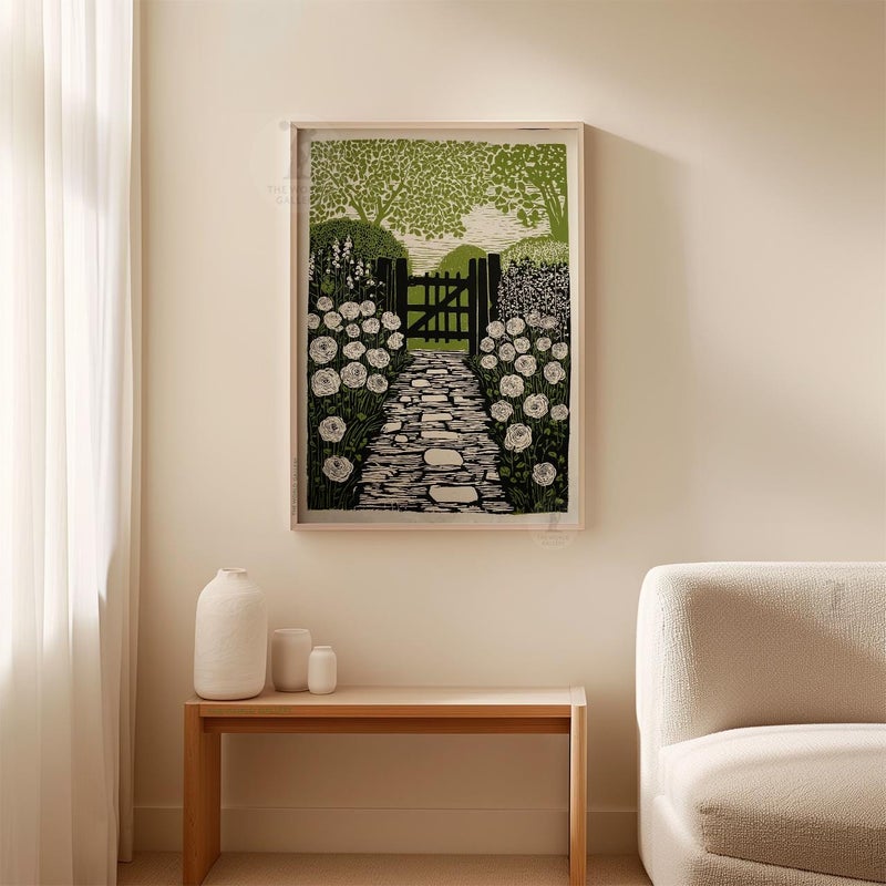 TNESSENTIAL English Cottage Garden Poster | Green Linocut Style Landscape Print | Country Wall Art Decor - Image 2