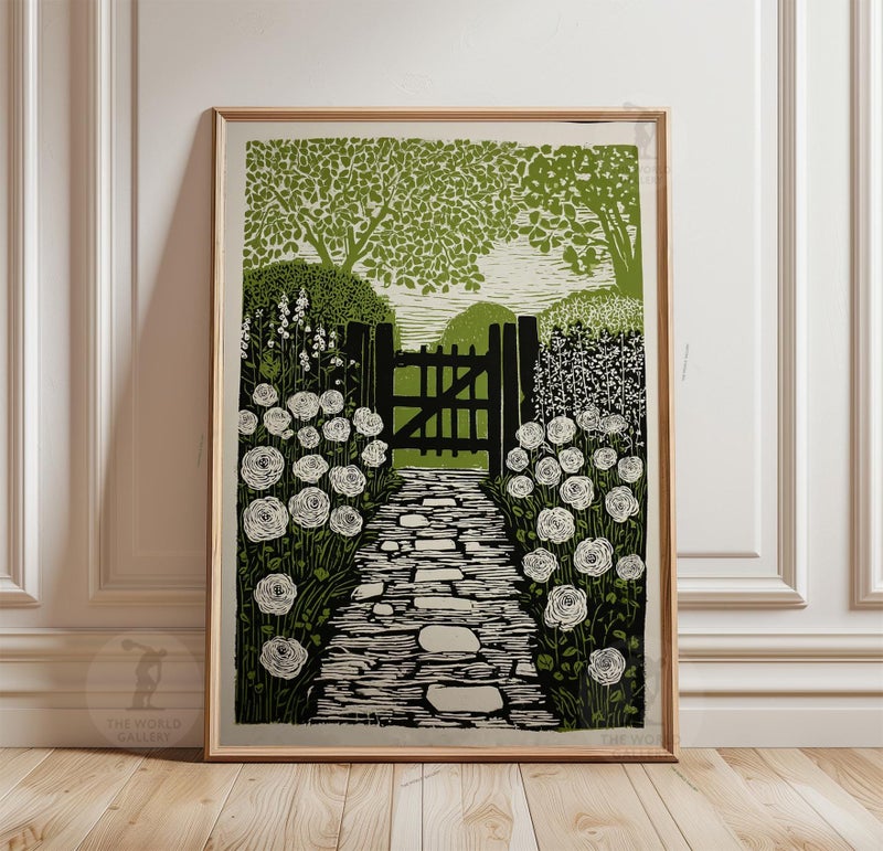 TNESSENTIAL English Cottage Garden Poster | Green Linocut Style Landscape Print | Country Wall Art Decor - Image 1