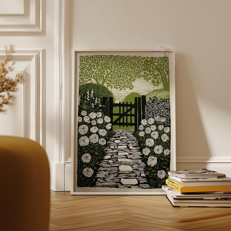TNESSENTIAL English Cottage Garden Poster | Green Linocut Style Landscape Print | Country Wall Art Decor - Image 3