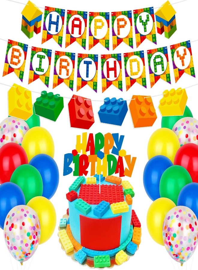 Atiloy Building Blocks Themed Birthday Party Decorations Pack - Include Building Block Happy Birthday Banner Colorful Cake Topper and Balloons for Boys Girls Summer Colorful Themed Party Supplies - Image 1