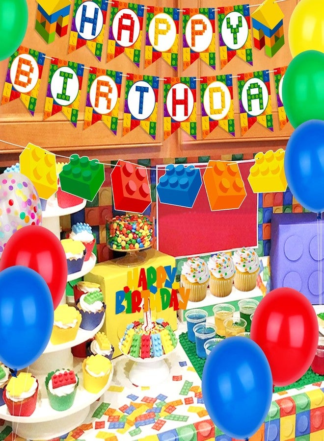Atiloy Building Blocks Themed Birthday Party Decorations Pack - Include Building Block Happy Birthday Banner Colorful Cake Topper and Balloons for Boys Girls Summer Colorful Themed Party Supplies - Image 5