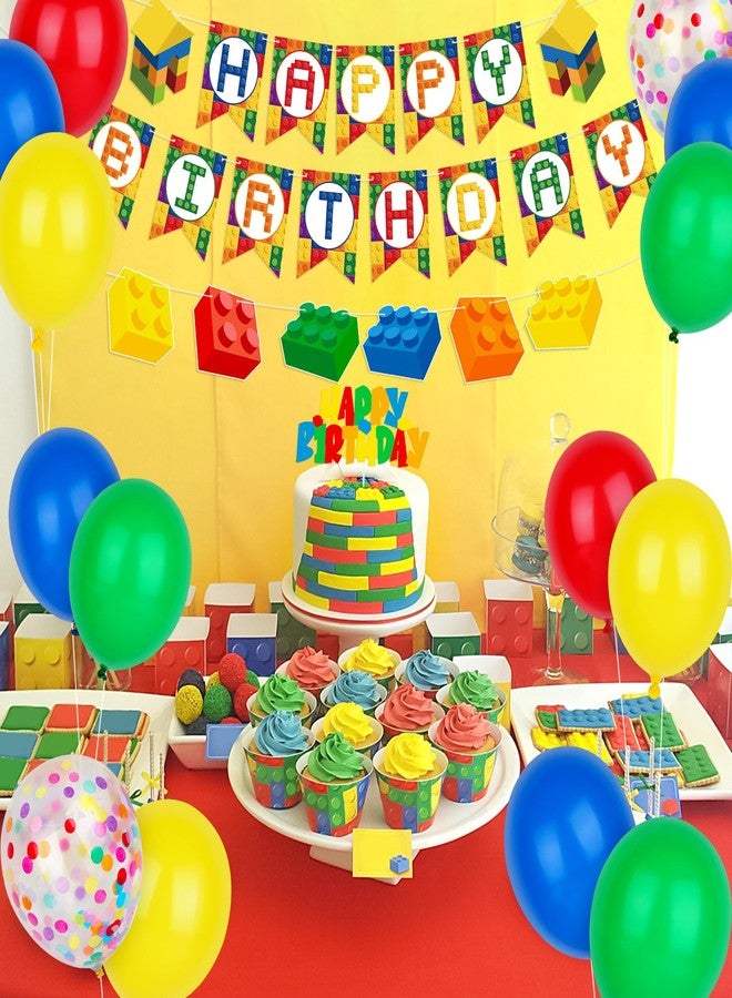 Atiloy Building Blocks Themed Birthday Party Decorations Pack - Include Building Block Happy Birthday Banner Colorful Cake Topper and Balloons for Boys Girls Summer Colorful Themed Party Supplies - Image 4