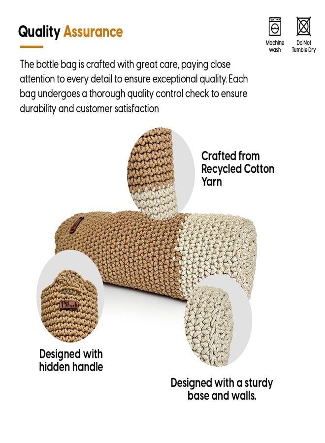 Kind Strings Bottle Bag Wine Bottle Gift Bag Handmade Eco-Friendly Crochet Knitted Water Bottle Cover for 1 Litre Bottles for Office & Travel (Beige & White) - Image 3