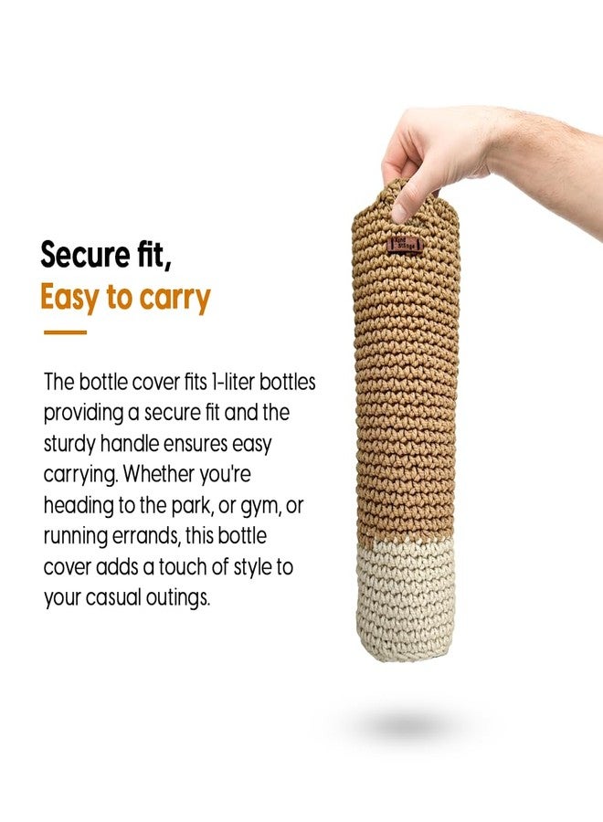 Kind Strings Bottle Bag Wine Bottle Gift Bag Handmade Eco-Friendly Crochet Knitted Water Bottle Cover for 1 Litre Bottles for Office & Travel (Beige & White) - Image 2