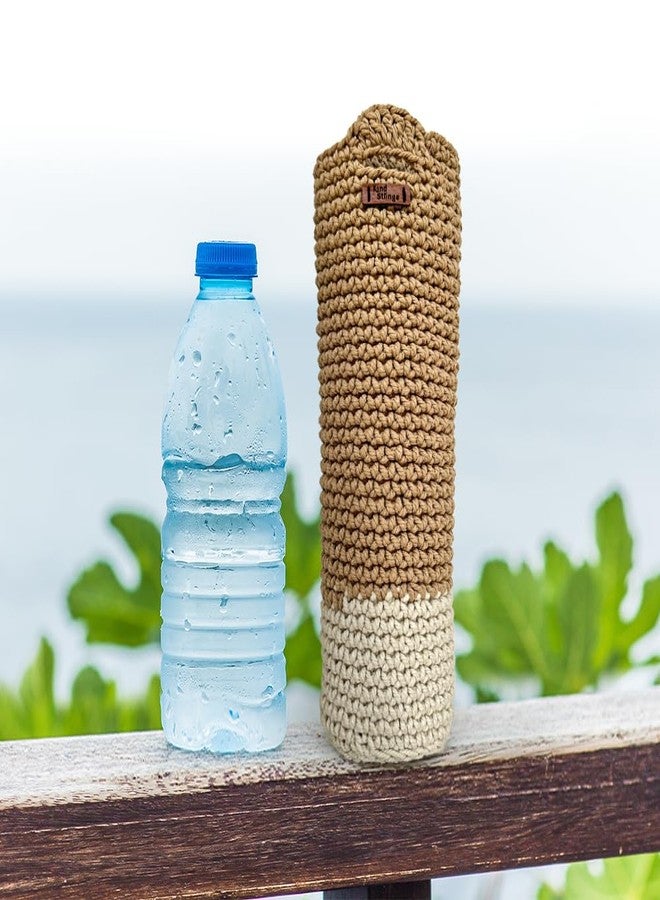 Kind Strings Bottle Bag Wine Bottle Gift Bag Handmade Eco-Friendly Crochet Knitted Water Bottle Cover for 1 Litre Bottles for Office & Travel (Beige & White) - Image 4