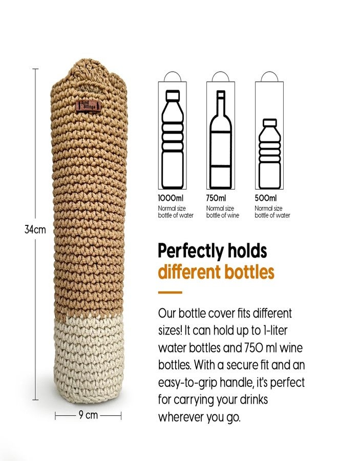 Kind Strings Bottle Bag Wine Bottle Gift Bag Handmade Eco-Friendly Crochet Knitted Water Bottle Cover for 1 Litre Bottles for Office & Travel (Beige & White) - Image 5