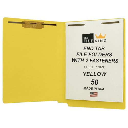 The File King End Tab File Folders with 2 Fasteners – Letter Size, 50 Pack, Yellow | 2" Prongs, Reinforced Tabs & Scored Spine for Expansion | Medical Chart & Shelf Filing System Folders | Made in USA - Image 1