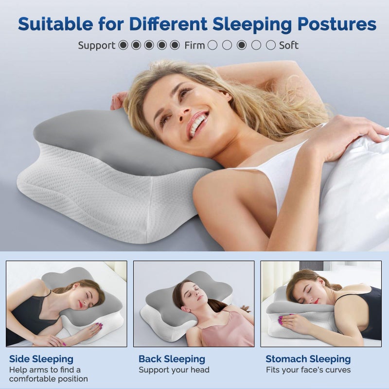 Silkena Cervical Neck Pillow, Ergonomic Side Sleeper Pillow for Neck Support, Cooling Memory Foam Pillows for Sleeping, Contour Orthopedic Bed Pillows for Side Back Stomach Sleepers (Grey) - Image 5