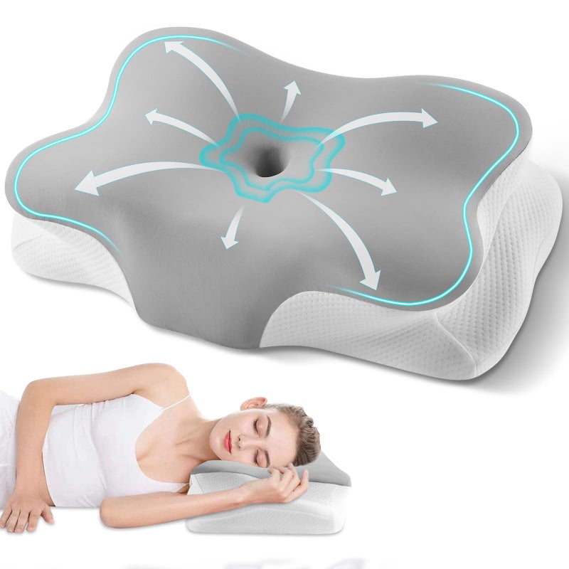 Silkena Cervical Neck Pillow, Ergonomic Side Sleeper Pillow for Neck Support, Cooling Memory Foam Pillows for Sleeping, Contour Orthopedic Bed Pillows for Side Back Stomach Sleepers (Grey) - Image 1