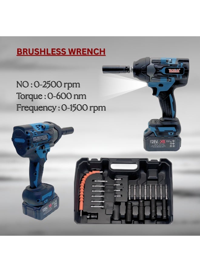 BONAI Cordless Impact Wrench 600Nm Torque, 2500RPM, 128VF XR 5.0Ah Li-Ion Battery, Brushless Motor, Variable Speed, Electric Power Tool for Car Repair & Construction - Image 4