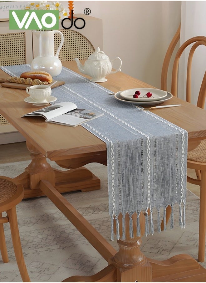 VAOdo Simple Table Runner Imitation Cotton and Linen Material Home Decoration with Tassel Table Mat Suitable For Tea Table Long Table Decorative Cloth Gray 33*183cm  - Image 5