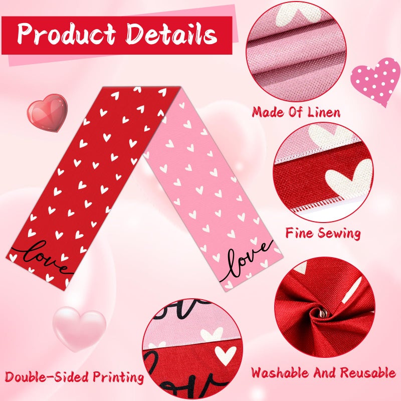 QOUBAI Valentine's Day Linen Table Runner Valentine's Day Table Runner Red Love and Pink Love Tables Decoration for Dinning Kitchen Home Anniversary Wedding Party Decoration Supplies (13 x 72Inch) - Image 3