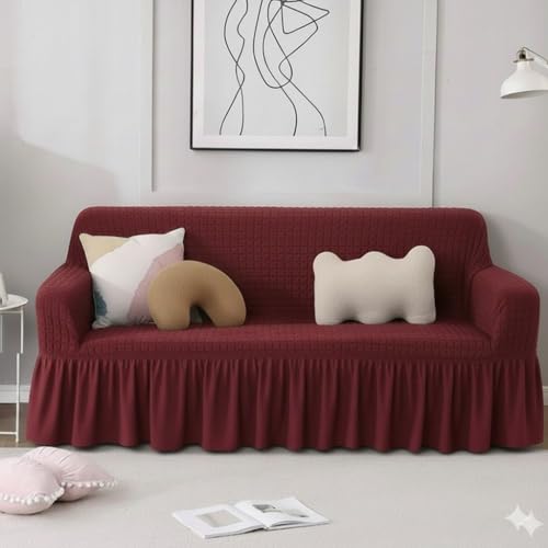 Outlay Home Quilted 3 Sofa Cover with Skirt, Embossed Couch Slipcover, Stretch Furniture Protector with Decorative Fully Covered Living Room Sofa Slipcover (Maroon) - Image 2