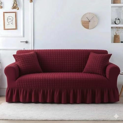 Outlay Home Quilted 3 Sofa Cover with Skirt, Embossed Couch Slipcover, Stretch Furniture Protector with Decorative Fully Covered Living Room Sofa Slipcover (Maroon) - Image 1
