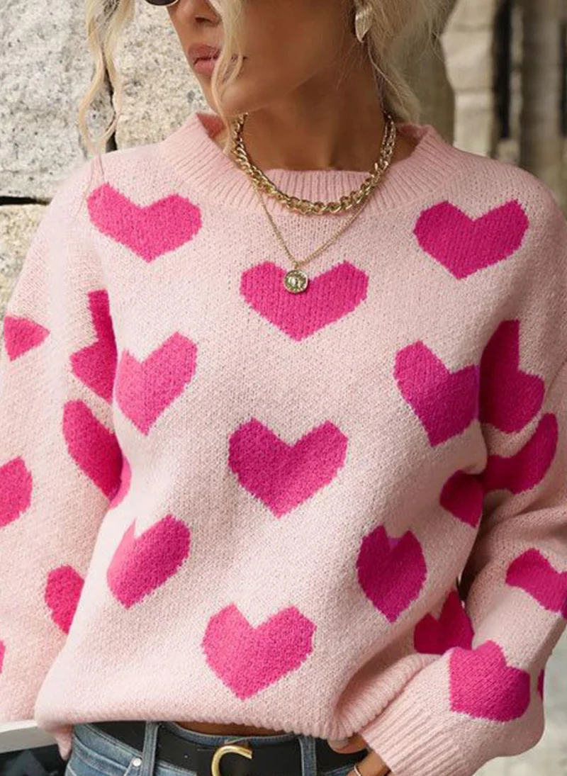 YUNIQEE Pink  Printed Long Sleeves Round Neck Pullover Sweaters