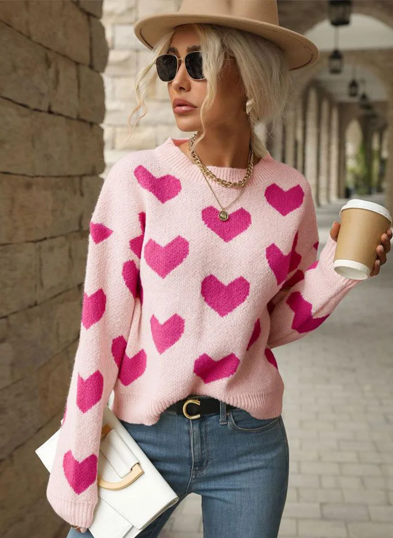 YUNIQEE Pink  Printed Long Sleeves Round Neck Pullover Sweaters