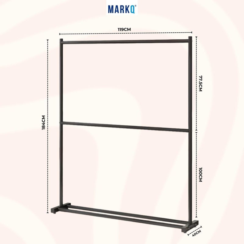 MARKQ حامل الملابس ذو القضيبين - منظم ملابس معدني ثقيل مع رف سفلي | حامل ملابس بطبقتين لغرفة النوم، وغسيل، وتخزين معلق (أسود) - Image 3