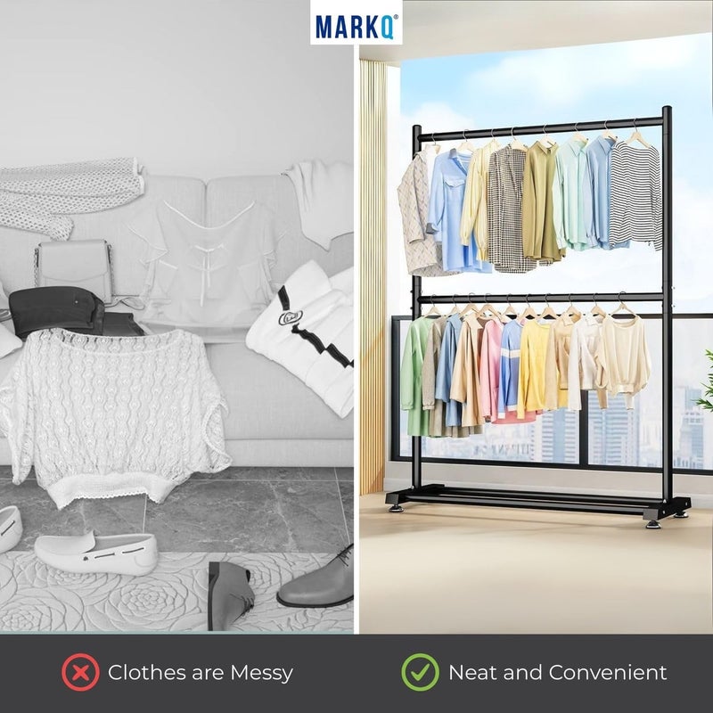 MARKQ حامل الملابس ذو القضيبين - منظم ملابس معدني ثقيل مع رف سفلي | حامل ملابس بطبقتين لغرفة النوم، وغسيل، وتخزين معلق (أسود) - Image 5