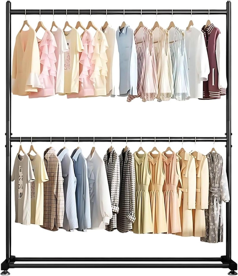 MARKQ حامل الملابس ذو القضيبين - منظم ملابس معدني ثقيل مع رف سفلي | حامل ملابس بطبقتين لغرفة النوم، وغسيل، وتخزين معلق (أسود) - Image 1