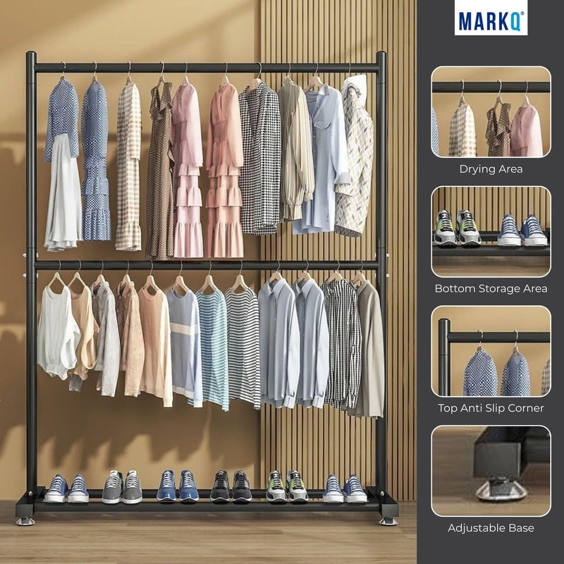 MARKQ حامل الملابس ذو القضيبين - منظم ملابس معدني ثقيل مع رف سفلي | حامل ملابس بطبقتين لغرفة النوم، وغسيل، وتخزين معلق (أسود) - Image 4