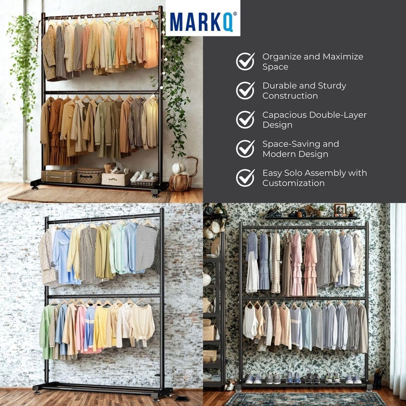 MARKQ حامل الملابس ذو القضيبين - منظم ملابس معدني ثقيل مع رف سفلي | حامل ملابس بطبقتين لغرفة النوم، وغسيل، وتخزين معلق (أسود) - Image 2