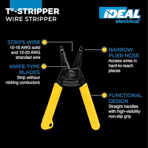 Ideal Industries IDEAL Electrical 45-120 T-5 T-Stripper - 10-20 AWG, Yellow Wire Stripper with Looping Holes, Plier Nose, Spring Loaded Automatic Opening,Black - Image 2