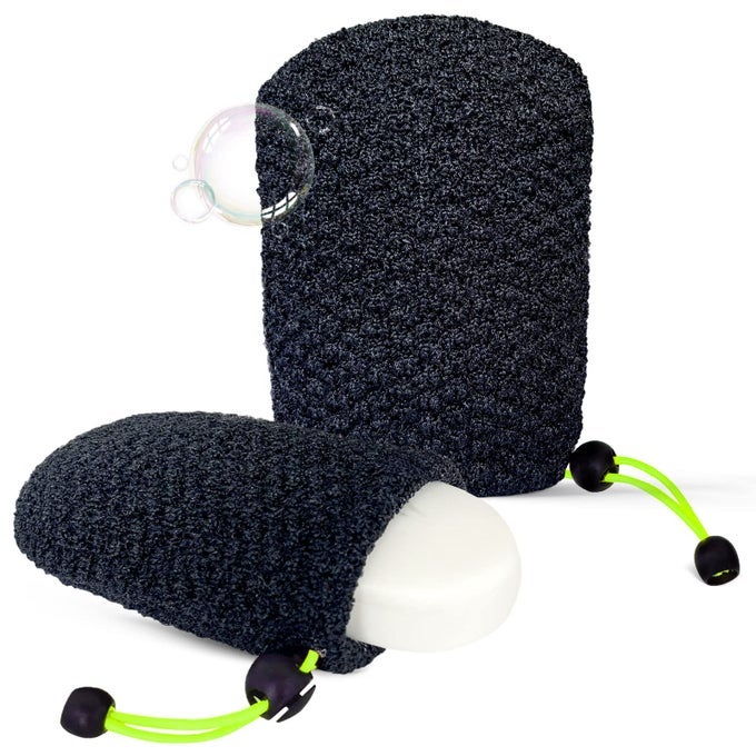 EXFOLIATING SOAP BAG FOR SHOWER 2 PIECES BAR SOAP SAVER POUCH BAMBOO BODY SCRUBBER EXFOLIATOR POCKET IN TRAVEL BATHING BLACK