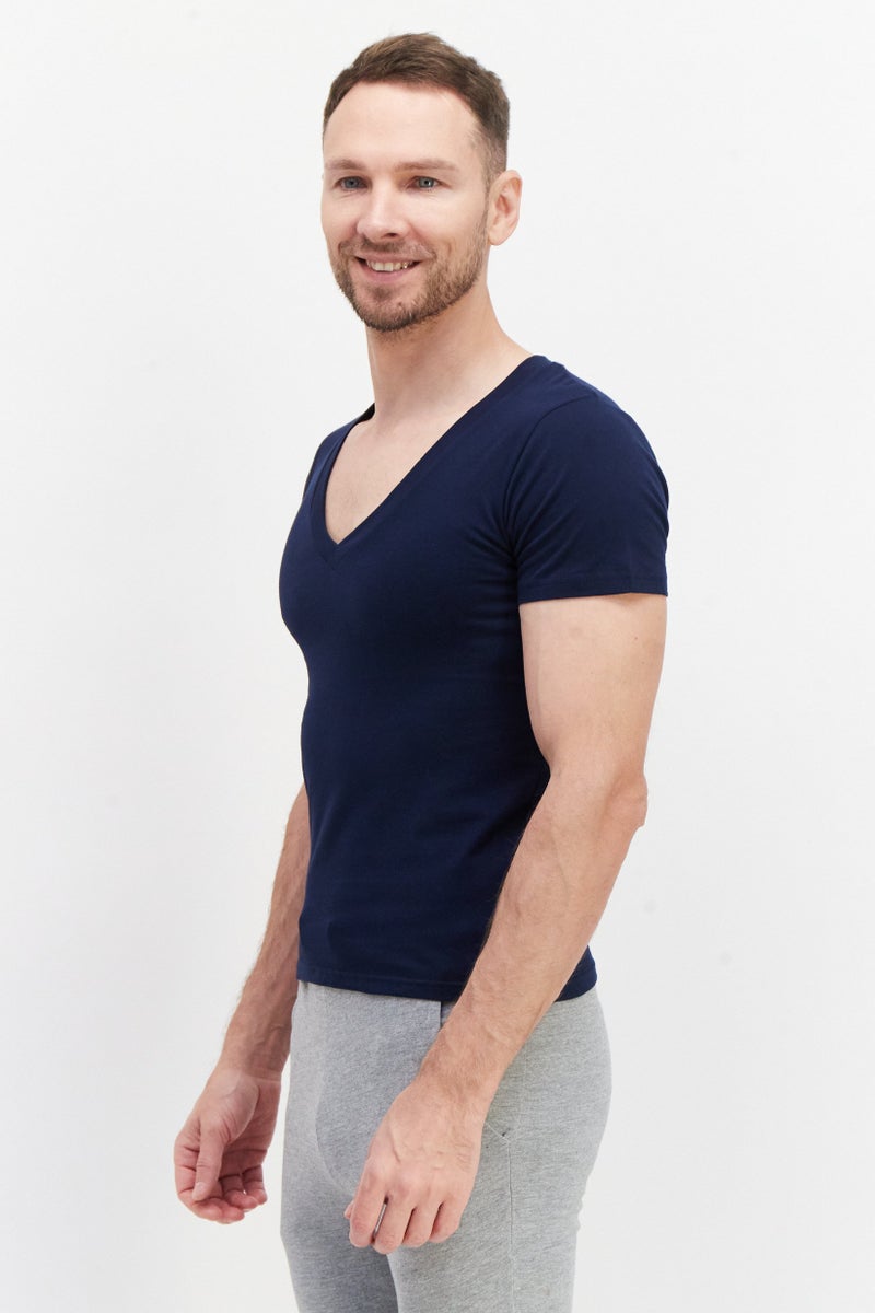 YOTO Men 2 Piece V-Neck Short Sleeve Solid Undershirt, Navy - Image 3