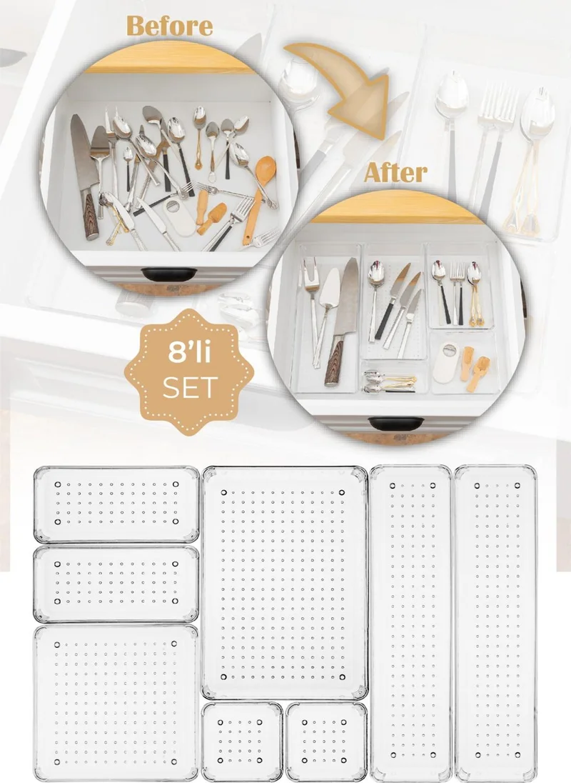 Vienev 8 Piece Transparent Drawer Organizer 2x(D.k.dkdrtgn N.square) 1x(O.dkdkdrtgn W.square)