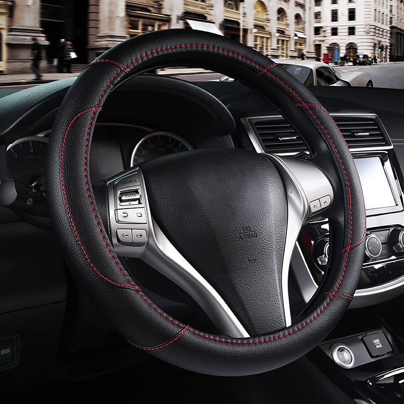 Leather Car Steering Wheel Cover NonSlip Car Wheel Cover Protector Breathable Microfiber Leather Universal Fit for Most CarsBlack