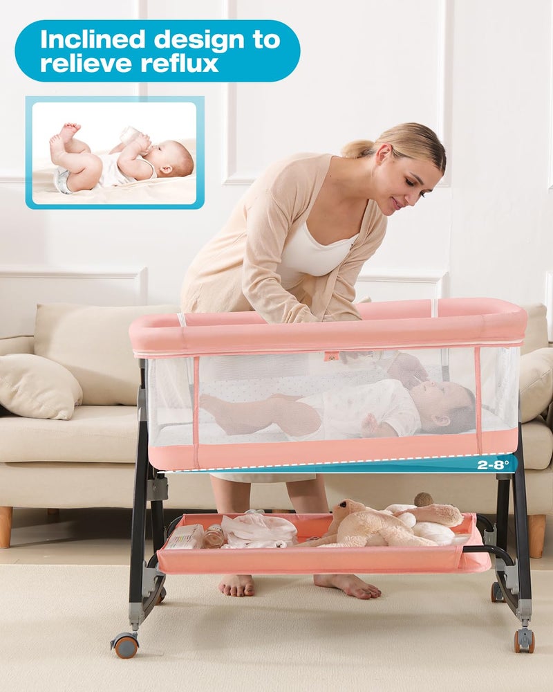 wayfong Bedside Bassinet for Baby, 3 in 1 Breathable Mesh Baby Bassinet, 6 Height Adjustable, Easy to Assemble, Bassinet Bedside Sleeper with Wheels, Mosquito Net, Storage Basket, Bassinets for Newborn Baby - Image 3