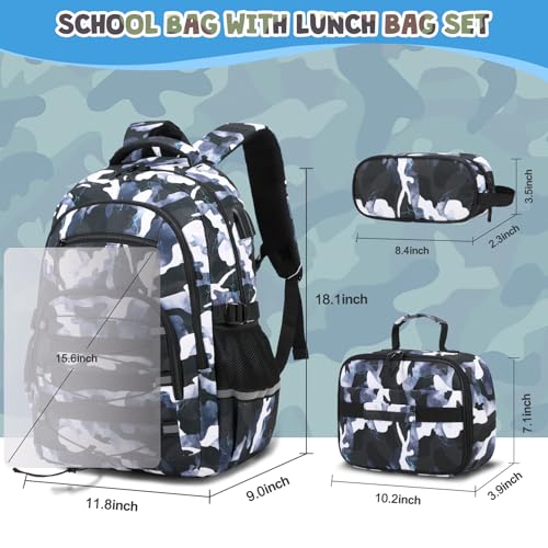 ACESAK Camo Backpack for Boys, Tactical Kids Backpack Boys, School Bags for Boy Children Teens Kids Elementary Middle High School, Military Bookbag and Lunch Bag Pencil Case Set with USB Charging Port - Image 2
