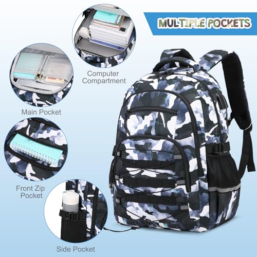 ACESAK Camo Backpack for Boys, Tactical Kids Backpack Boys, School Bags for Boy Children Teens Kids Elementary Middle High School, Military Bookbag and Lunch Bag Pencil Case Set with USB Charging Port - Image 3