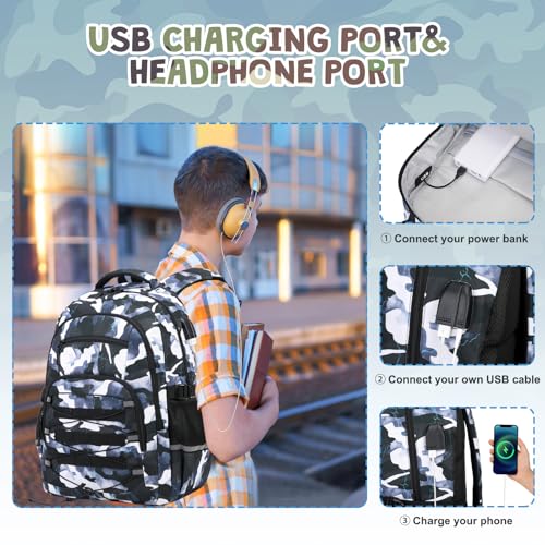 ACESAK Camo Backpack for Boys, Tactical Kids Backpack Boys, School Bags for Boy Children Teens Kids Elementary Middle High School, Military Bookbag and Lunch Bag Pencil Case Set with USB Charging Port - Image 4