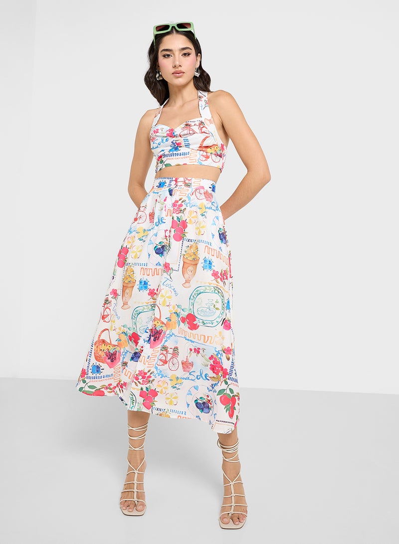 Ginger Bustier Crop Top & Maxi Skirt Co-Ord Set In Tropical Print - Image 1