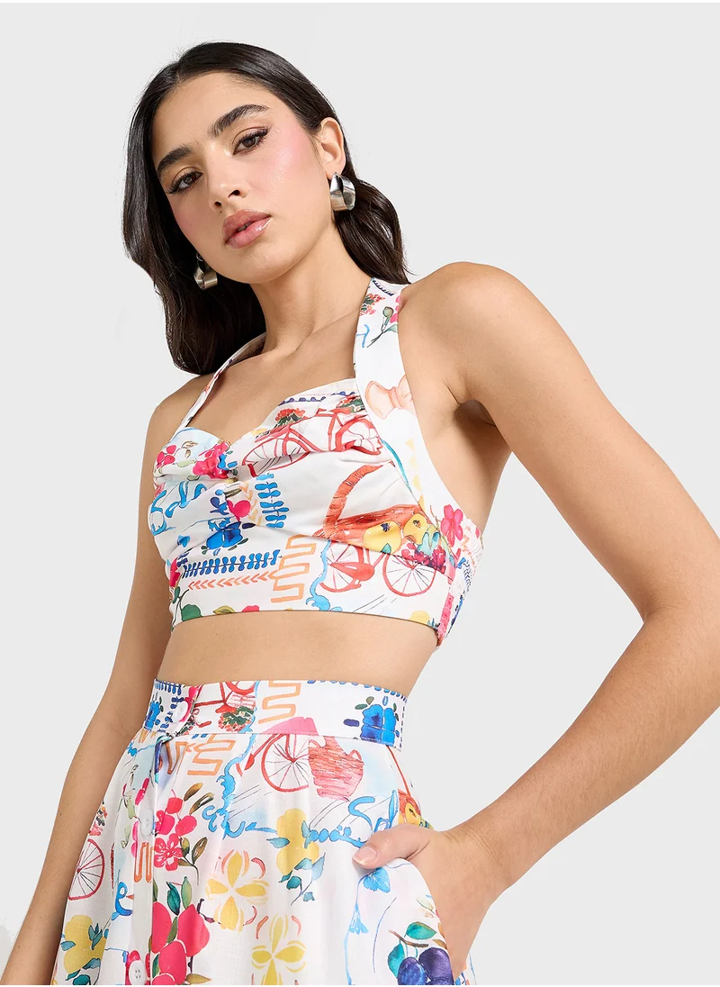 Ginger Bustier Crop Top & Maxi Skirt Co-Ord Set In Tropical Print