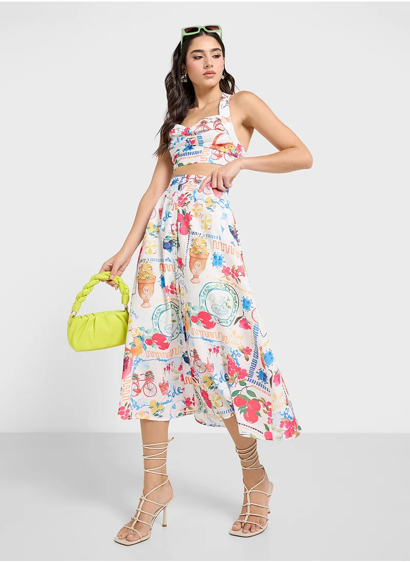Ginger Bustier Crop Top & Maxi Skirt Co-Ord Set In Tropical Print