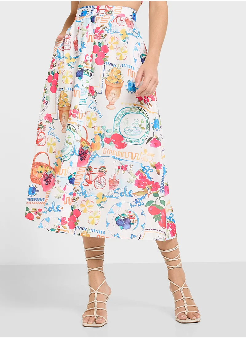 Ginger Bustier Crop Top & Maxi Skirt Co-Ord Set In Tropical Print