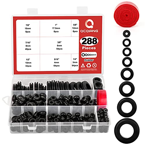 QCQIANG 288Pcs Rubber Grommet Kit, O Ring Washer Eyelet Ring Gasket Plugs Wire Protection with Cable Sticky Tape, 8 Sizes 1/4" 5/16" 3/8" 7/16" 1/2" 5/8" 7/8" 1" (Black) - Image 1