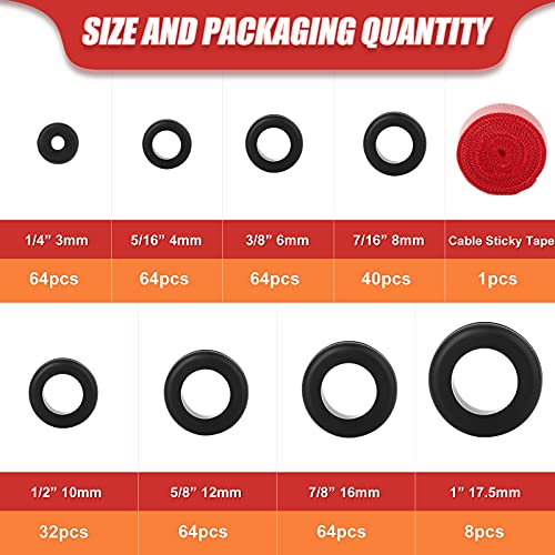 QCQIANG 288Pcs Rubber Grommet Kit, O Ring Washer Eyelet Ring Gasket Plugs Wire Protection with Cable Sticky Tape, 8 Sizes 1/4" 5/16" 3/8" 7/16" 1/2" 5/8" 7/8" 1" (Black) - Image 2