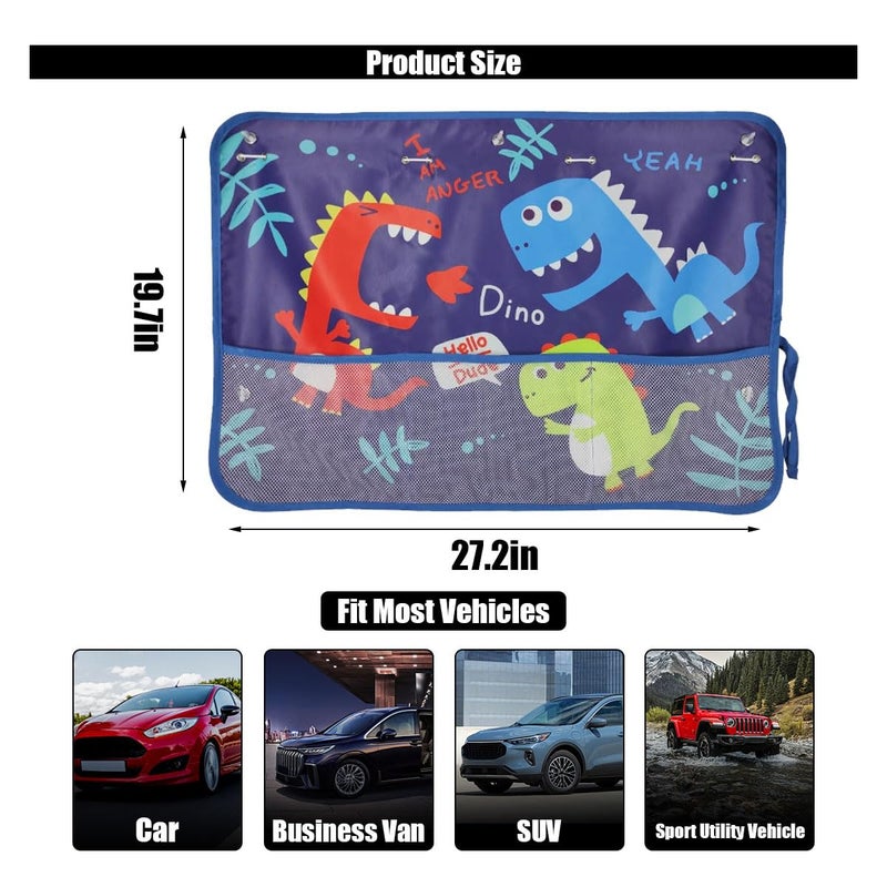 GLSOWEE Car Window Shade for Baby, Blackout Car Window Curtain with Storage Pockets & 7 Suction Cups, Cartoon Pattern Cars Side Window Sun Shade Cover for Sun/Heat/UV Rays Protection (Blue-Dinosaurs) - Image 2