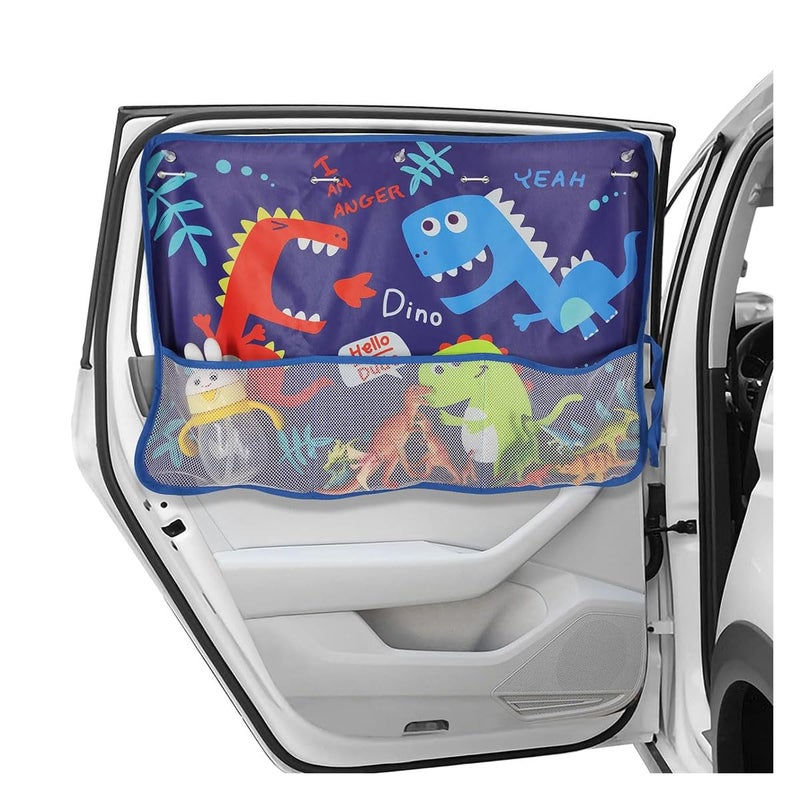 GLSOWEE Car Window Shade for Baby, Blackout Car Window Curtain with Storage Pockets & 7 Suction Cups, Cartoon Pattern Cars Side Window Sun Shade Cover for Sun/Heat/UV Rays Protection (Blue-Dinosaurs) - Image 1