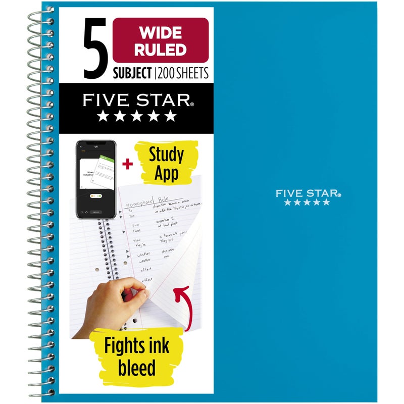 Five Star Spiral Notebook Study App 5 Subject Wide Ruled Paper 8 x 1012 200 Sheets Fights Ink Bleed Water Resistant Cover Tidewater Blue 73196