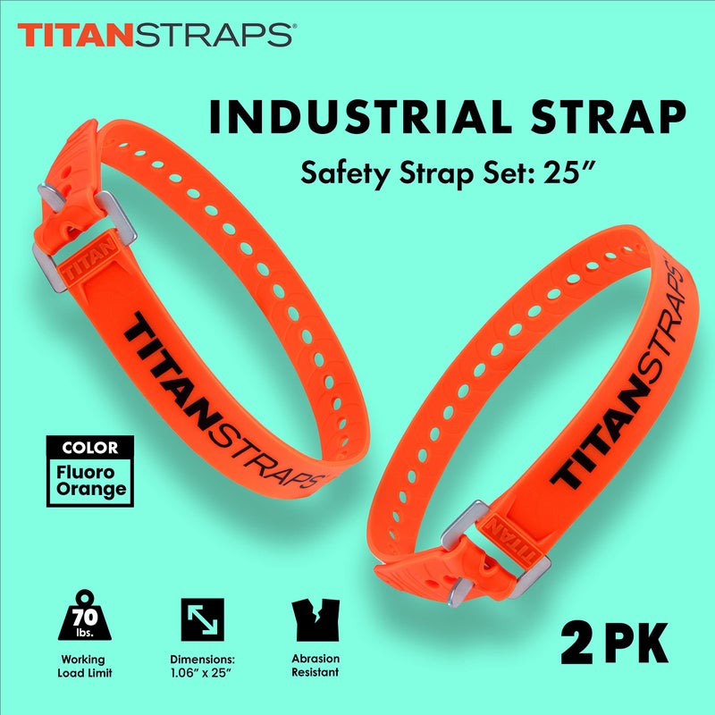 TitanStraps Titan Industrial Straps â€“ Strong & Simple Tie-Downs for Construction (Welders, DIY Home) & 1st Responders â€“ 3 Year Warranty, Batch Tested â€“ 70 lb. Working Load, 25" Length, Safety Orange, 2-Pack - Image 2