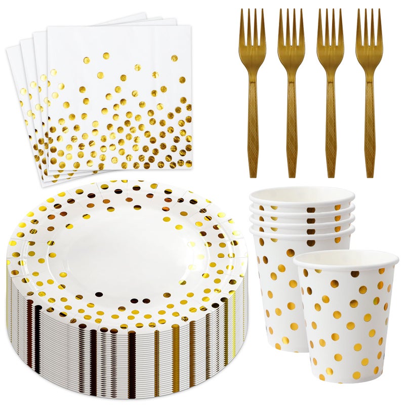 Sveikie 160 Pcs White and Gold Paper Plates, Forks and Cups Party Supplies, Disposable Paper Dessert Cake Plates Tableware Supplies for Birthdays, Graduations, Weddings, Holidays (Serves 40)(7 inches) - Image 1
