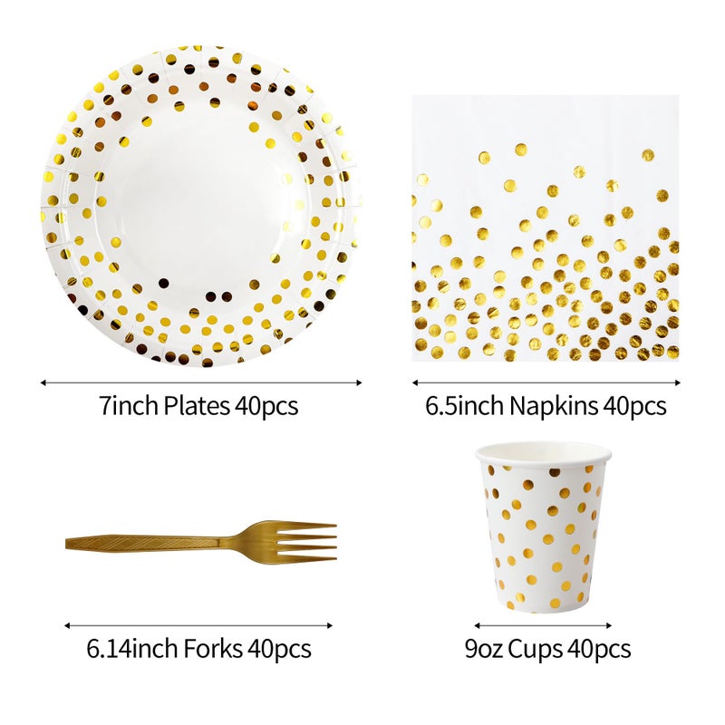 Sveikie 160 Pcs White and Gold Paper Plates, Forks and Cups Party Supplies, Disposable Paper Dessert Cake Plates Tableware Supplies for Birthdays, Graduations, Weddings, Holidays (Serves 40)(7 inches) - Image 2
