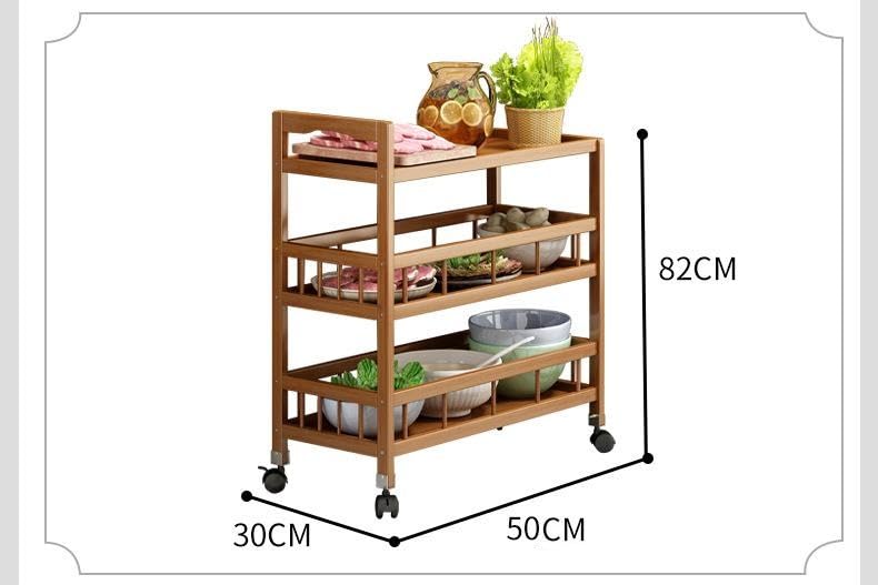 Ketumal 3-Tier Bamboo Serving Trolley - Wooden Rolling Cart with Multi-Layer Storage Shelves (82H x 50W x 30L cm) - Image 2