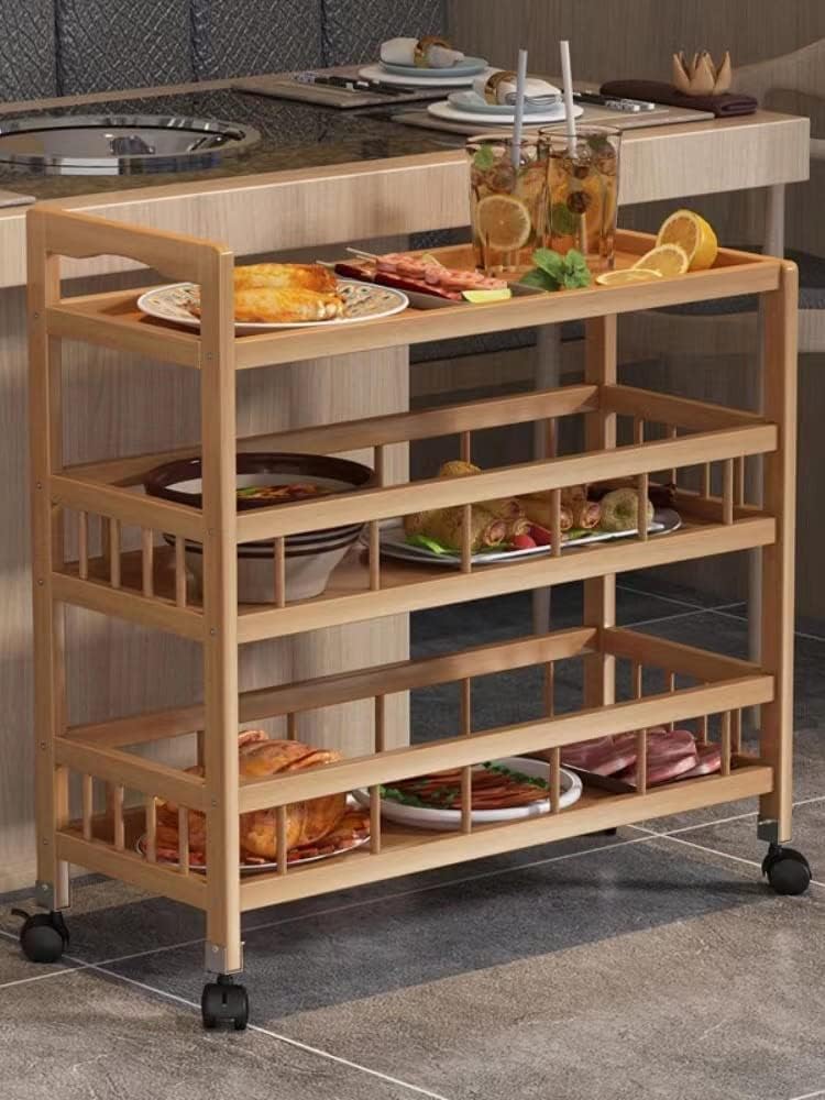 Ketumal 3-Tier Bamboo Serving Trolley - Wooden Rolling Cart with Multi-Layer Storage Shelves (82H x 50W x 30L cm) - Image 4