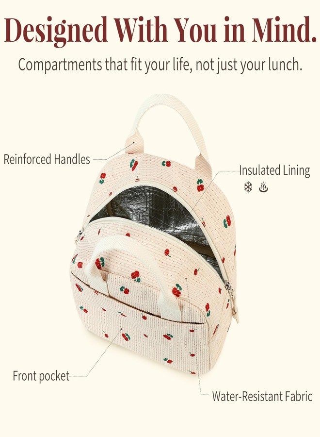 LOVELYWIND Insulated Cute Cherry Lunch Bag for Women Men - Large Capacity Beige Corduroy Lunch Tote with Aluminum Lining, Snack bag, Waterproof Cooler Box, Reusable for Work, Picnic, Travel - Image 4